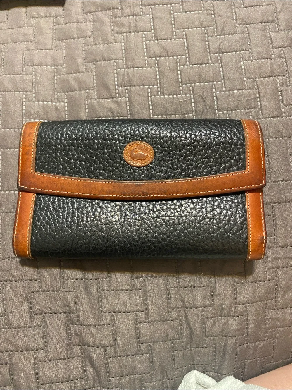Dooney & Bourke Black/dark Navy Pebbled Leather Wallet with Brown Trim